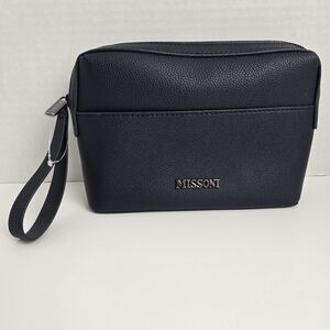 Missoni Navy Blue Pebbled Travel Cosmetic Zippered Pouch Wristlet Bag